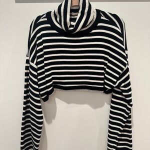 Olivaceous Black and White Striped Cowl Neck Sweater